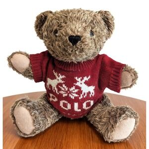 Vintage Polo Ralph Lauren Stuffed Plush Brown Teddy Bear Red Knit Sweater 1998